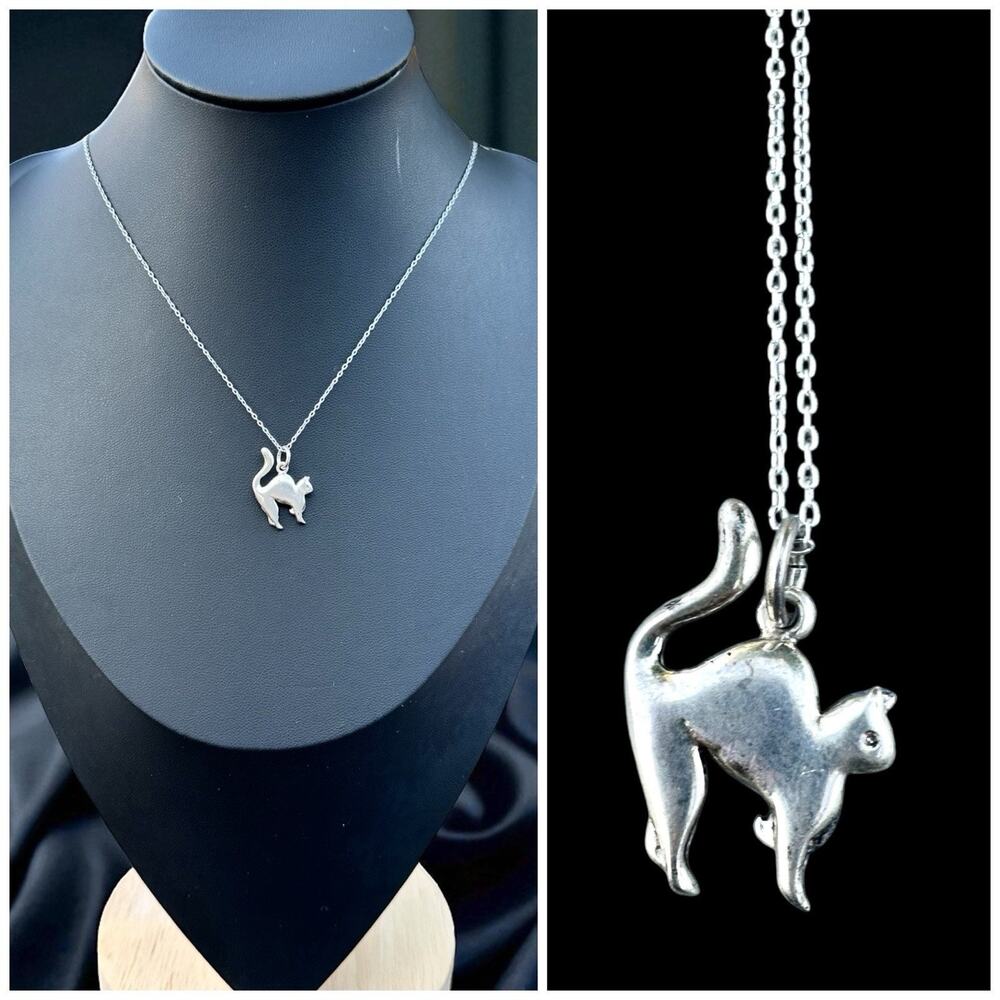 Sterling Silver Cat Necklace Arched Back Kitty Cat Lover Mom Pendant 925